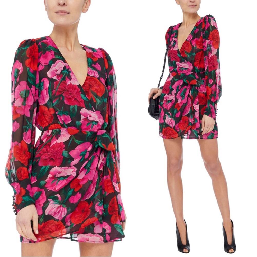 THE KOOPLES Dolve Vita Floral Rose Silk Wrap Long Sleeve Mini Dress Size Large - Picture 2 of 14